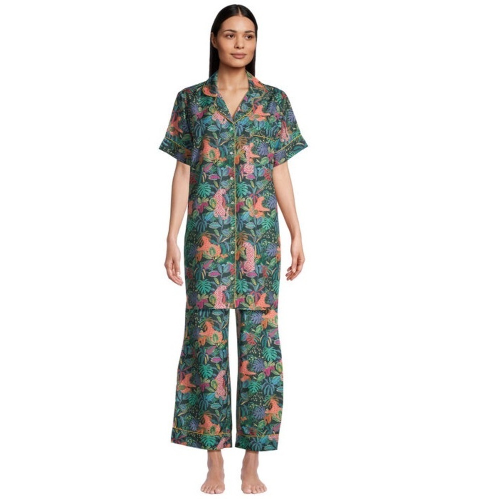 World Market Jungle Tropical Print Green Colorful Short Sleeve Pajama Set S/M